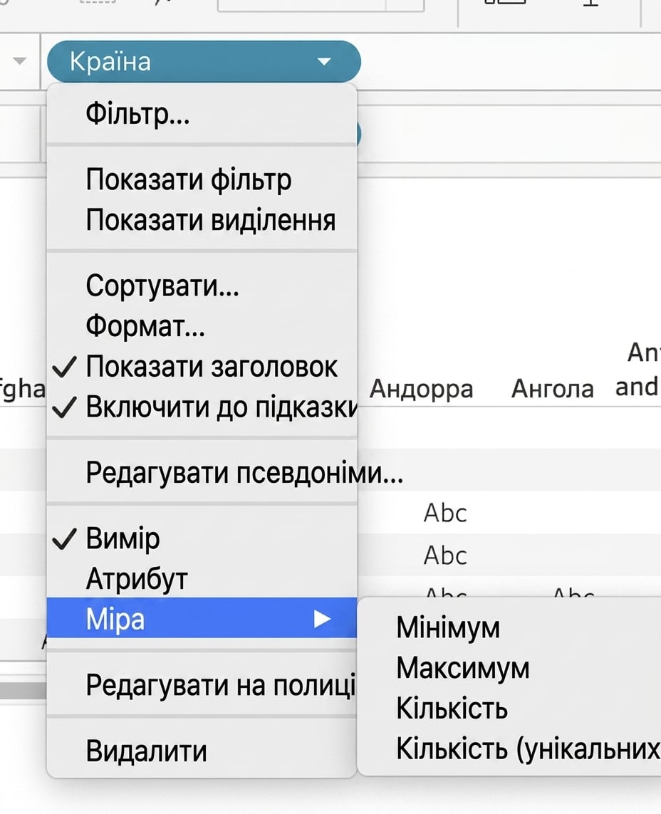 Випадне меню Tableau для агрегування вимірів