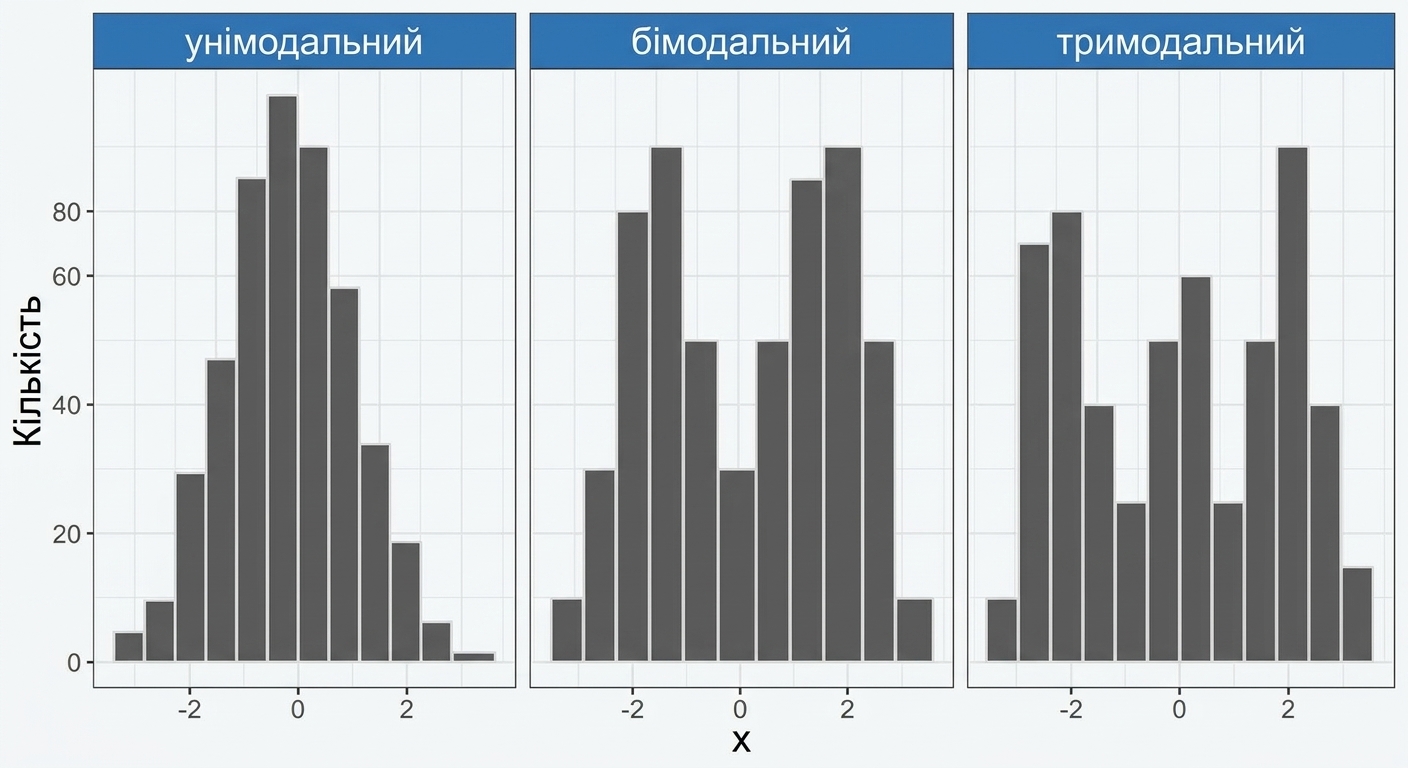 Гістограми з одномодовим, двомодовим і тримодовим розподілами — відповідно з однією, двома та трьома вершинами.