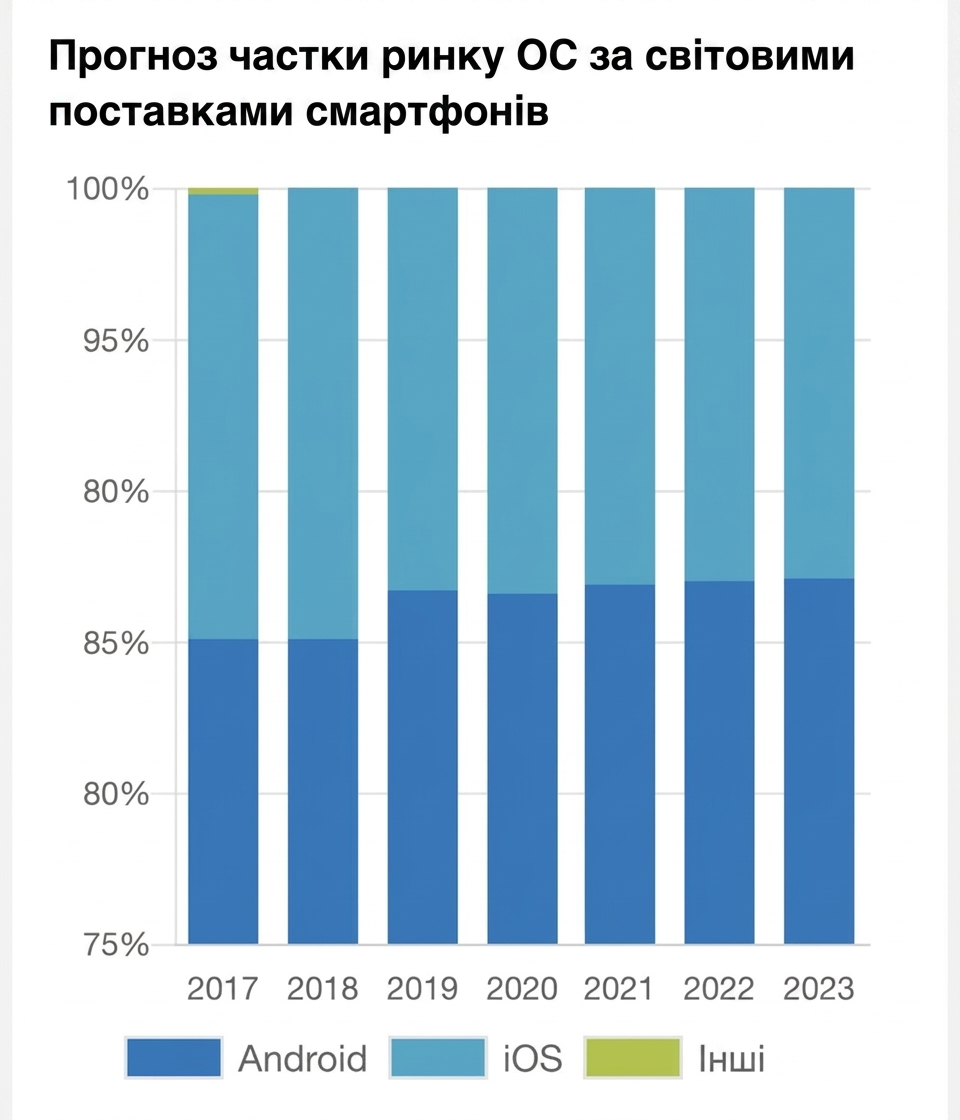 Сегментована стовпчикова діаграма від маркетингової компанії з прогнозами частки ринку для кожної мобільної ОС. Вісь Y починається з 75% замість нуля.