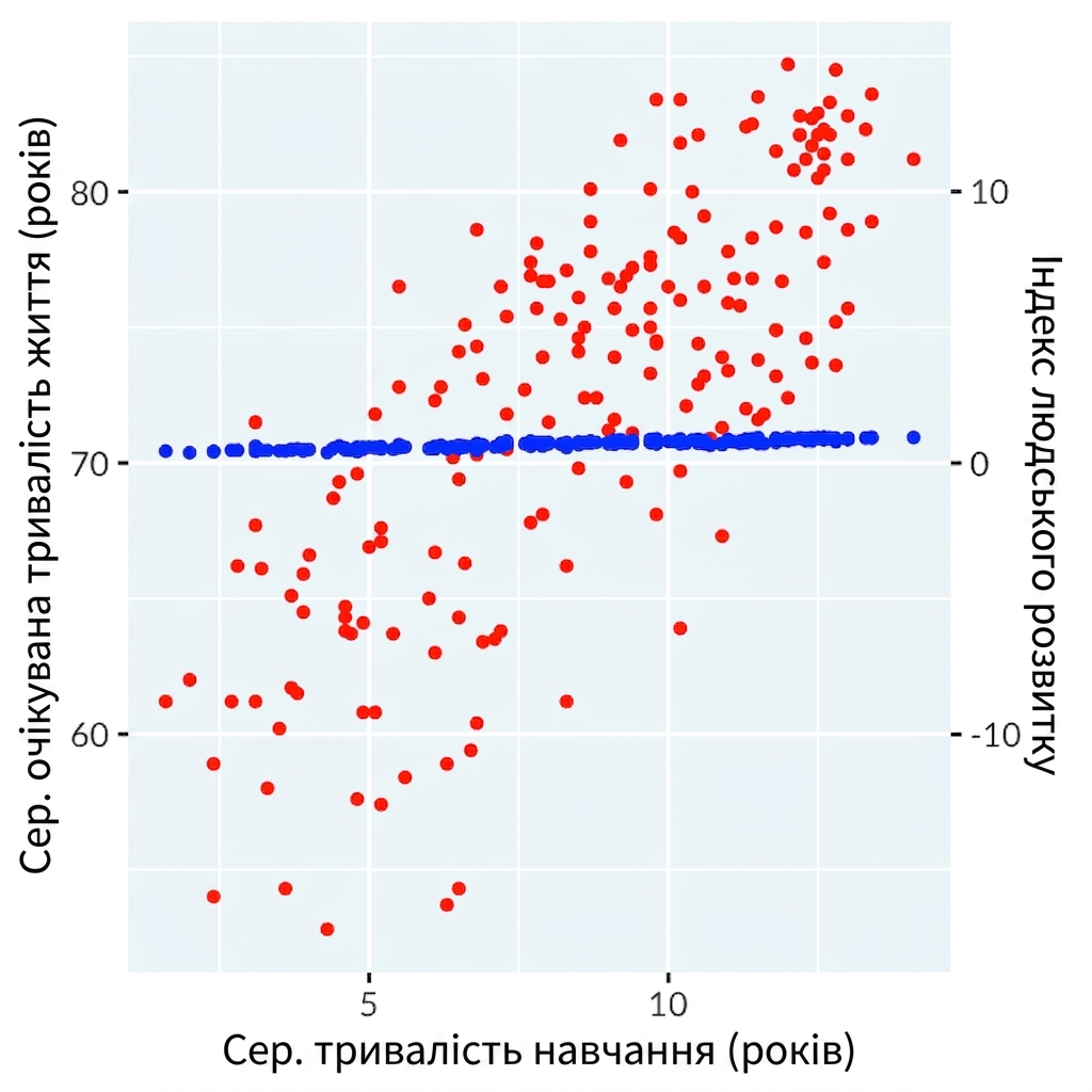 Точкова діаграма тривалості навчання з подвійними осями, після коригування осей кореляції не видно