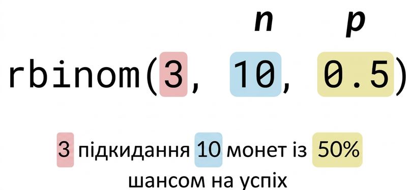 rbinom(3, 10, 0.5), де 3 — червоним, 10 — синім, 0.5 — жовтим. Текст: 3 (червоним) підкидання 10 (синіх) монет з імовірністю успіху 50% (жовта). Над 10 синім позначено n, над 0.5 жовтим — p.