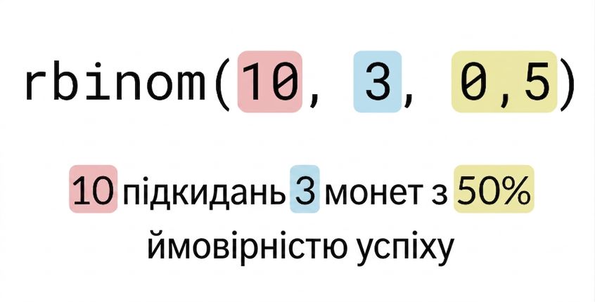 rbinom(10, 3, 0.5), де 10 — червоним, 3 — синім, 0.5 — жовтим. Текст: 10 (червоним) підкидань 3 (сині) монет з імовірністю успіху 50% (жовта)