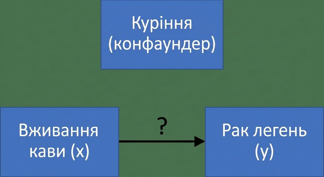 Вживання кави (x) вказує на рак легень (y) зі «smoking» (змішувальна змінна) зверху