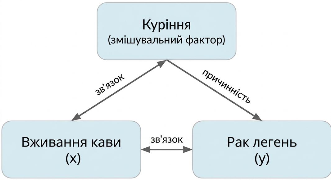 Вживання кави (x) з подвійною стрілкою до раку легень (y) з підписом "association". Подвійна стрілка між курінням і кавою з підписом "association". Стрілка від куріння до раку легень з підписом "causation".