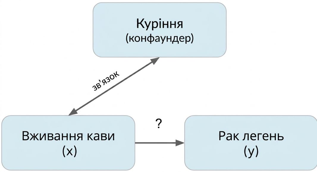 Вживання кави (x) вказує на рак легень (y) зі «smoking» (змішувальна змінна). Подвійна стрілка між курінням і кавою з підписом "association".