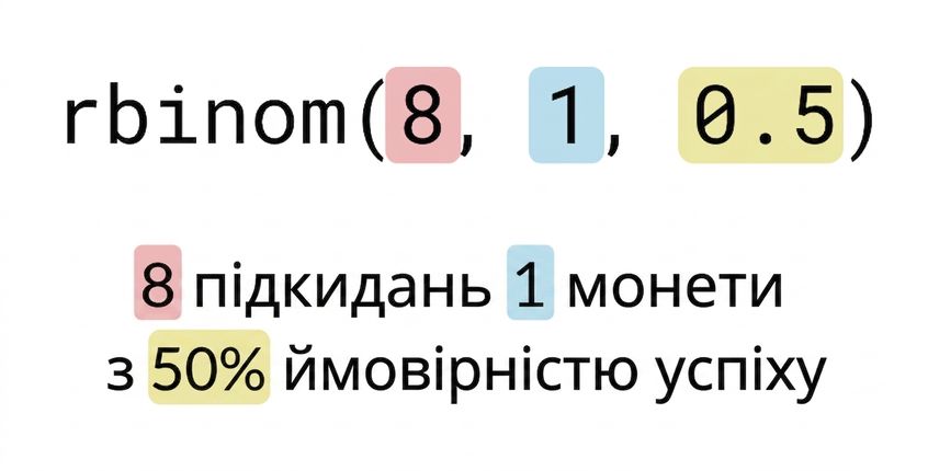 rbinom(8, 1, 0.5), де 8 — червоним, 1 — синім, 0.5 — жовтим. Текст: 8 (червоним) підкидань 1 (синя) монети з імовірністю успіху 50% (жовта)