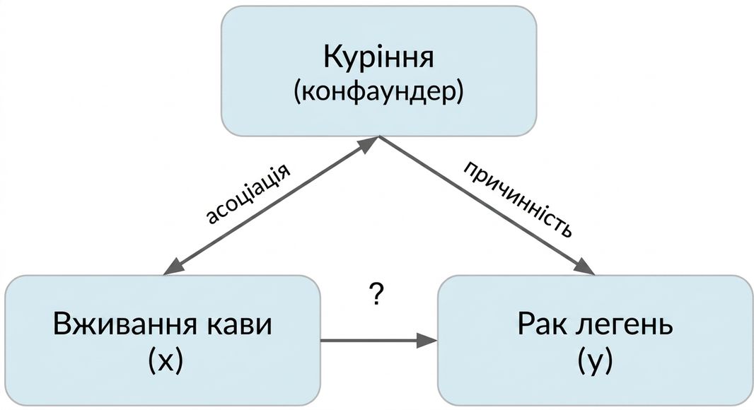 Вживання кави (x) вказує на рак легень (y) зі «smoking» (змішувальна змінна). Подвійна стрілка між курінням і кавою з підписом "association". Стрілка від куріння до раку легень з підписом "causation"