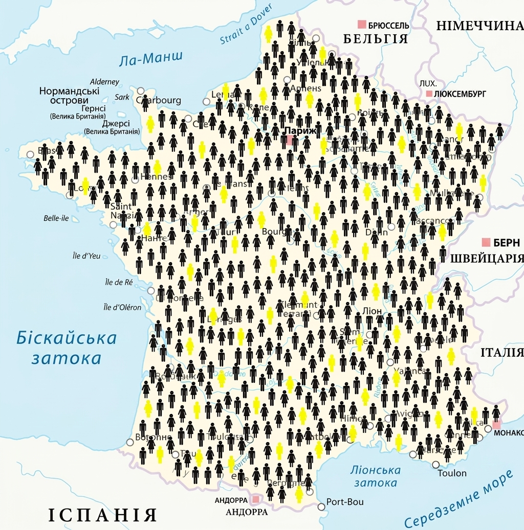 Карта Франції з іконками людей, частина з яких підсвічена.