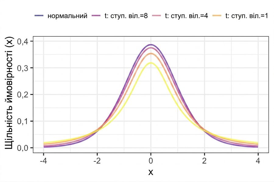 Графік із PDF стандартного нормального розподілу та t-розподілів з різними ступенями вільності. Із зростанням ступенів вільності хвости вужчають, пік зростає, і форма більше нагадує нормальний розподіл.