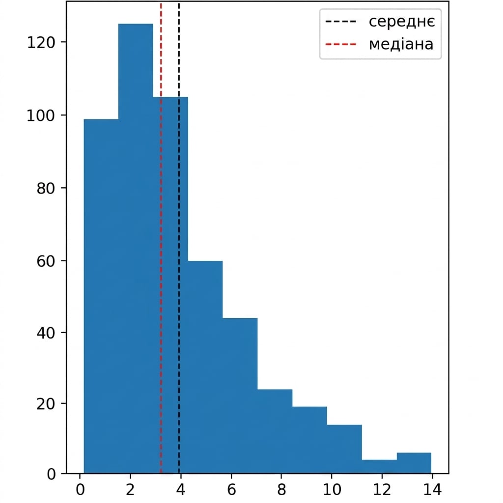 Histogram of data with many values on the left, decreasing to few values on the right.