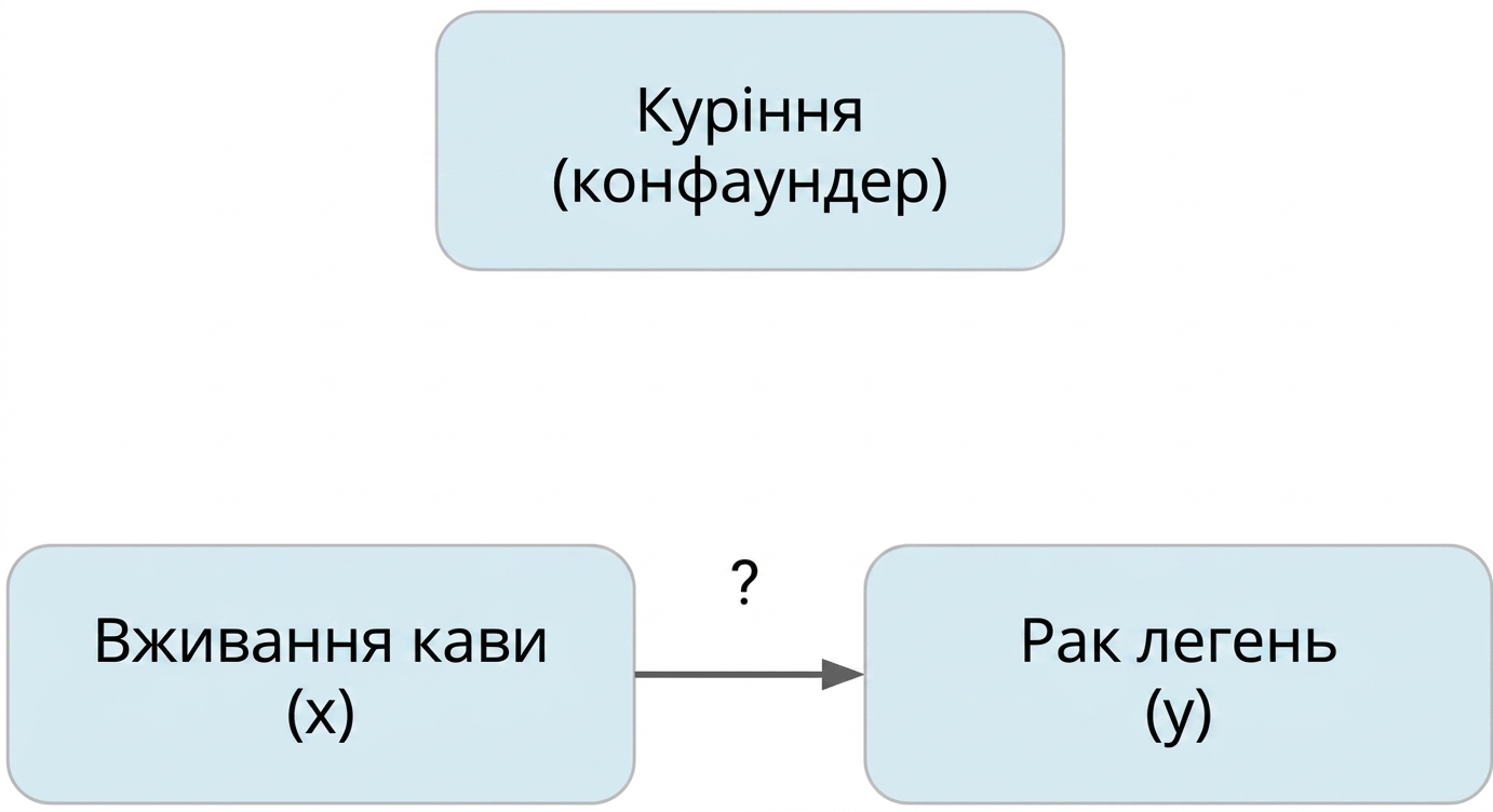 Вживання кави (x) вказує на рак легень (y), зверху куріння (змішувальна змінна)
