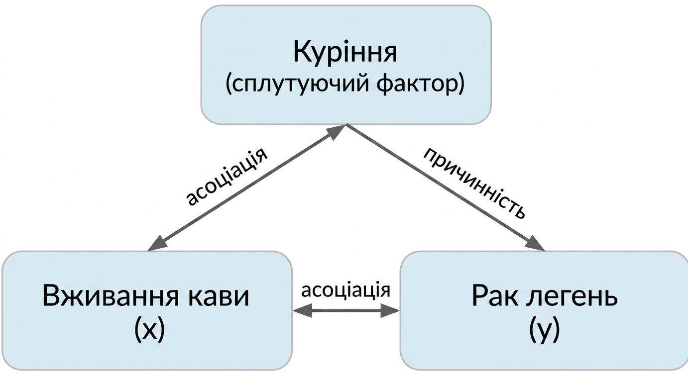 Вживання кави (x) з подвійною стрілкою до раку легень (y) з міткою «зв'язок». Подвійна стрілка між курінням і вживанням кави з міткою «зв'язок». Стрілка від куріння до раку легень з міткою «причинність».