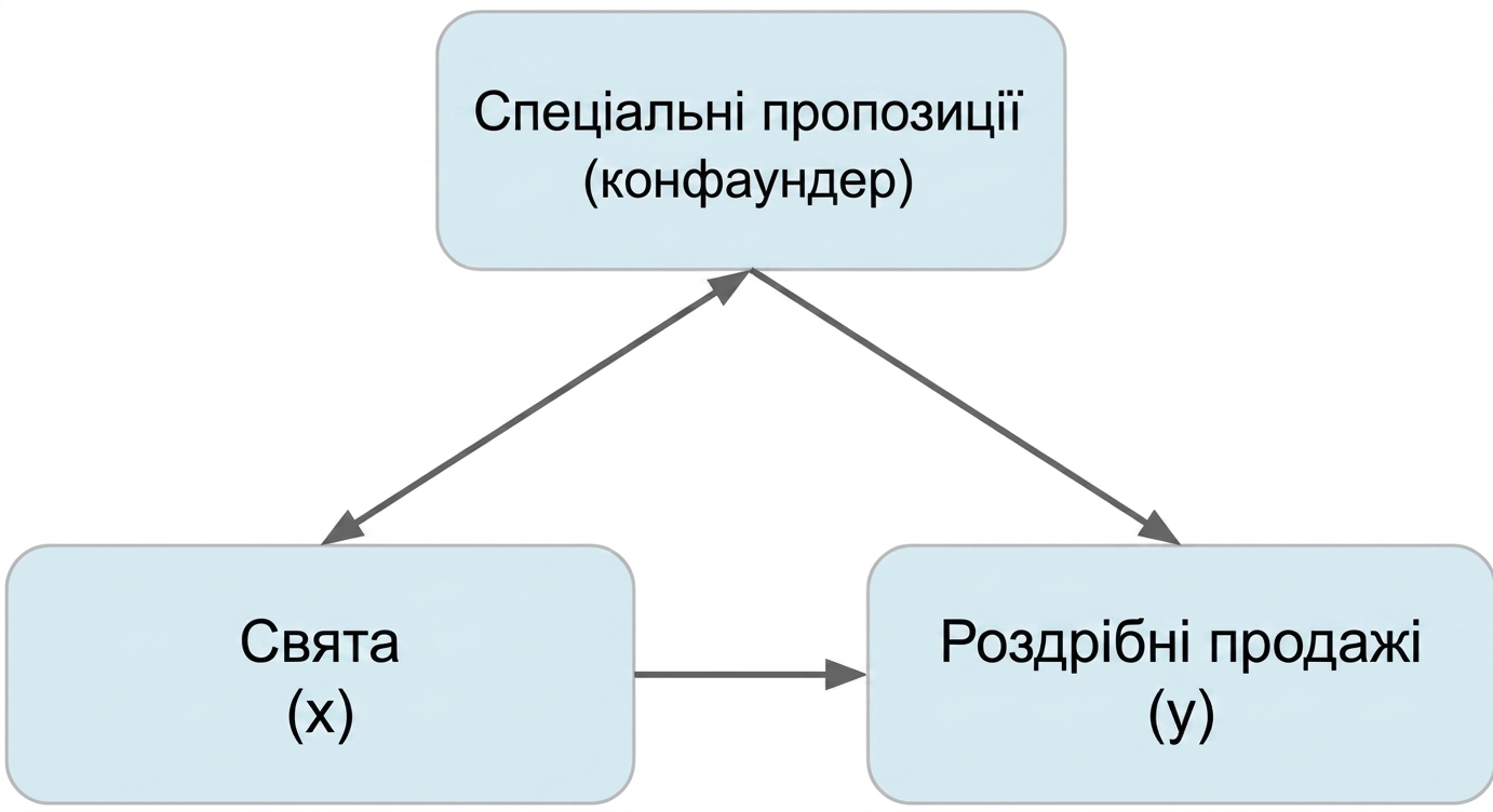 Свята (x) вказують на роздрібні продажі (y). Спецпропозиції (змішувальна змінна) мають подвійну стрілку до свят і одинарну — до роздрібних продажів.