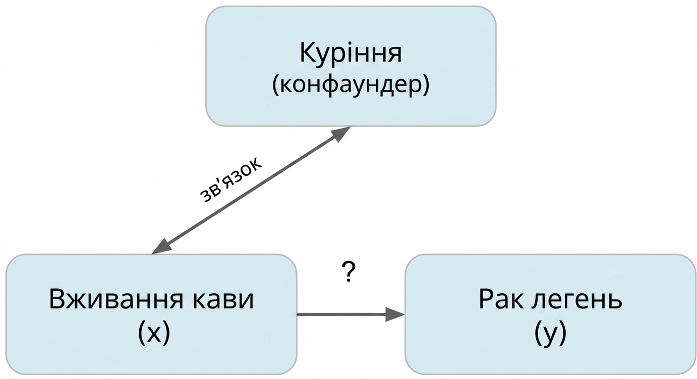 Вживання кави (x) вказує на рак легень (y) з курінням (змішувальна змінна). Подвійна стрілка між курінням і вживанням кави з міткою «зв'язок».