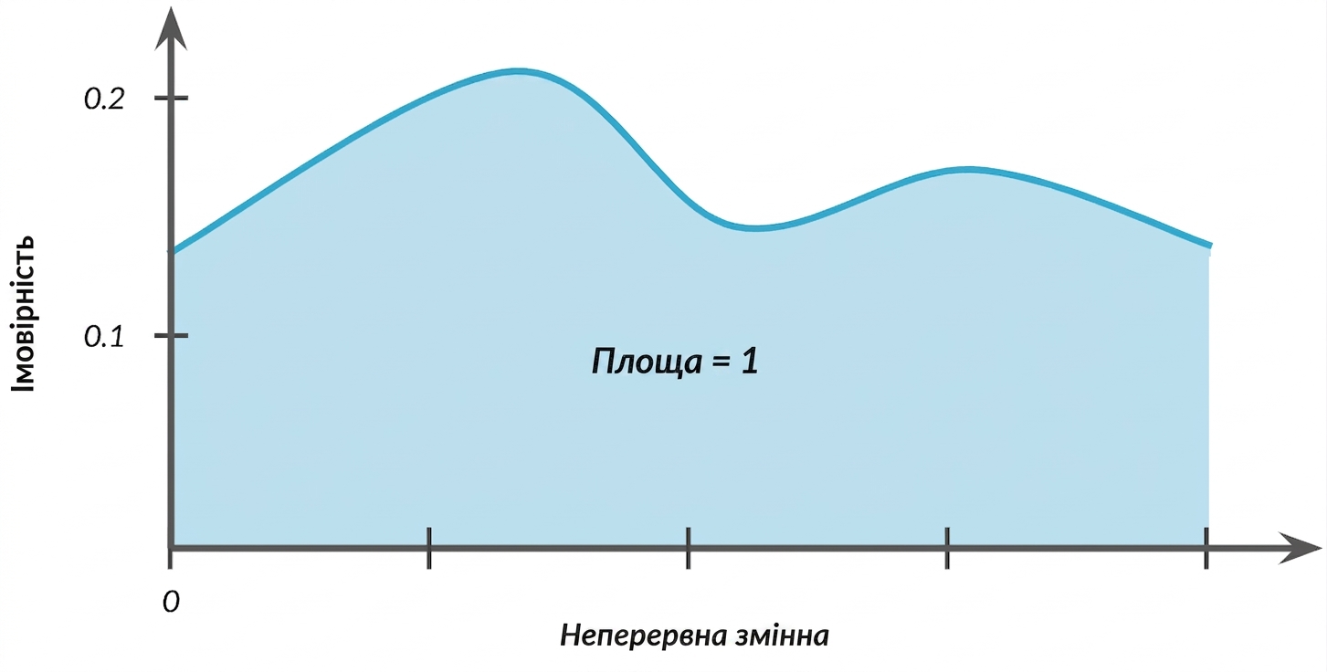 Підсвічена площа під кривою з текстом: area = 1