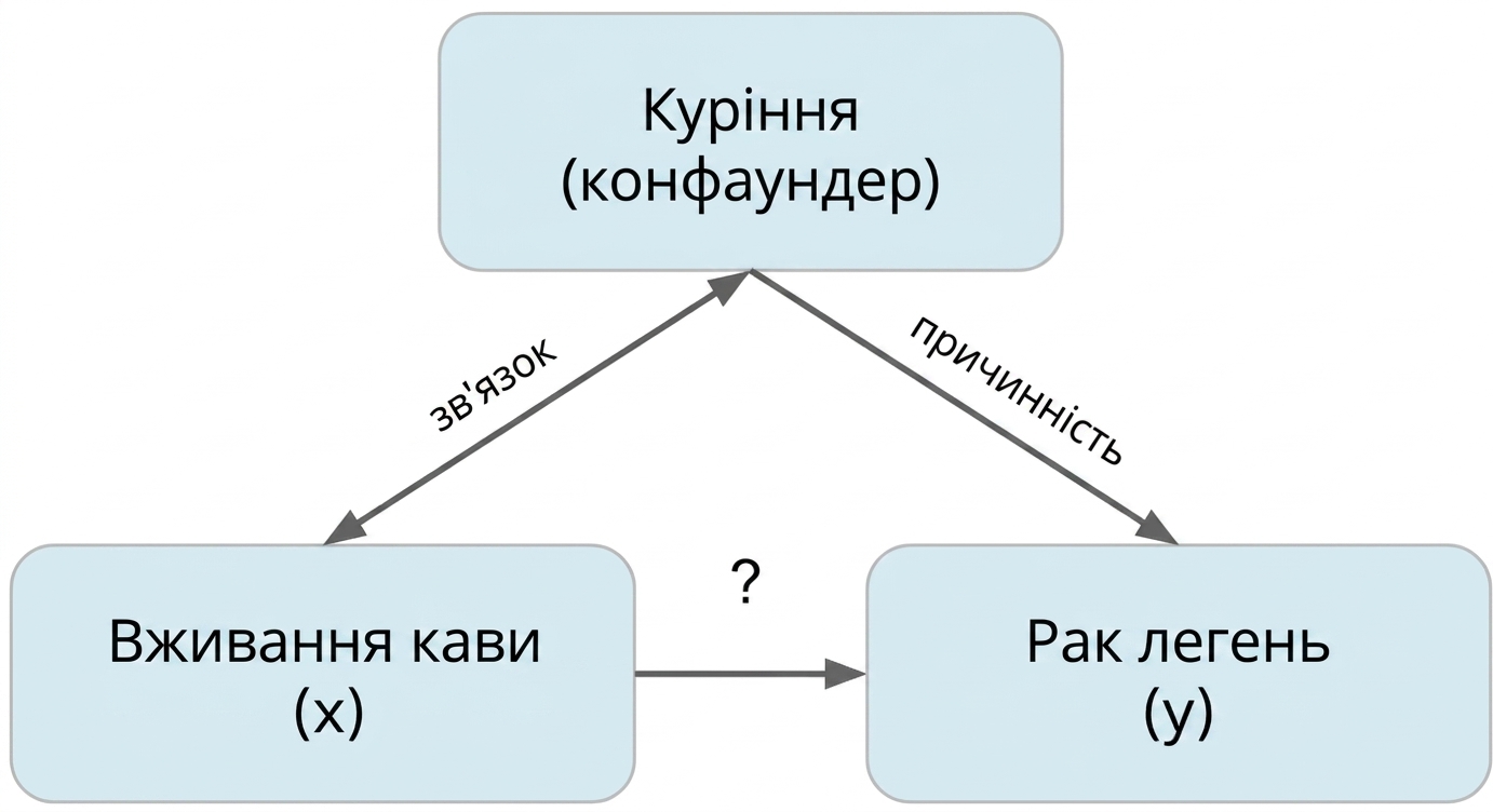 Вживання кави (x) вказує на рак легень (y) з курінням (змішувальна змінна). Подвійна стрілка між курінням і вживанням кави з міткою «зв'язок». Стрілка від куріння до раку легень з міткою «причинність».