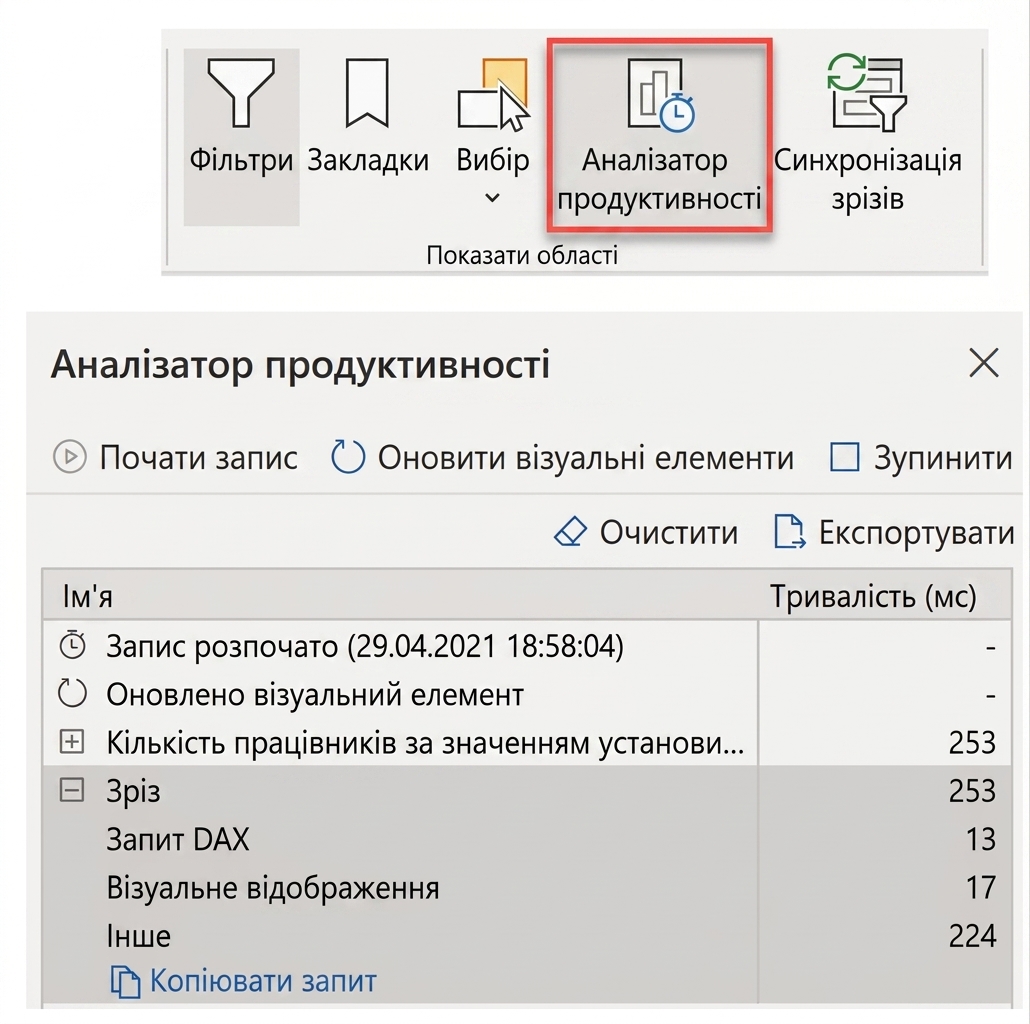 Знімки екрана Performance Analyzer у Power BI