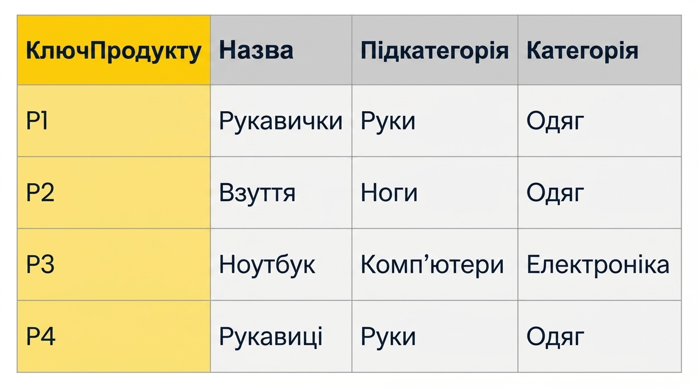 Приклад таблиці ієрархії продуктів у схемі «зірка»