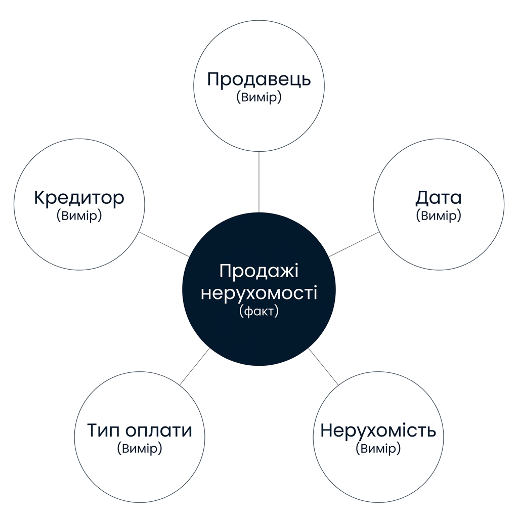 Діаграма зіркової схеми: факт у центрі, навколо п'ять вимірів.