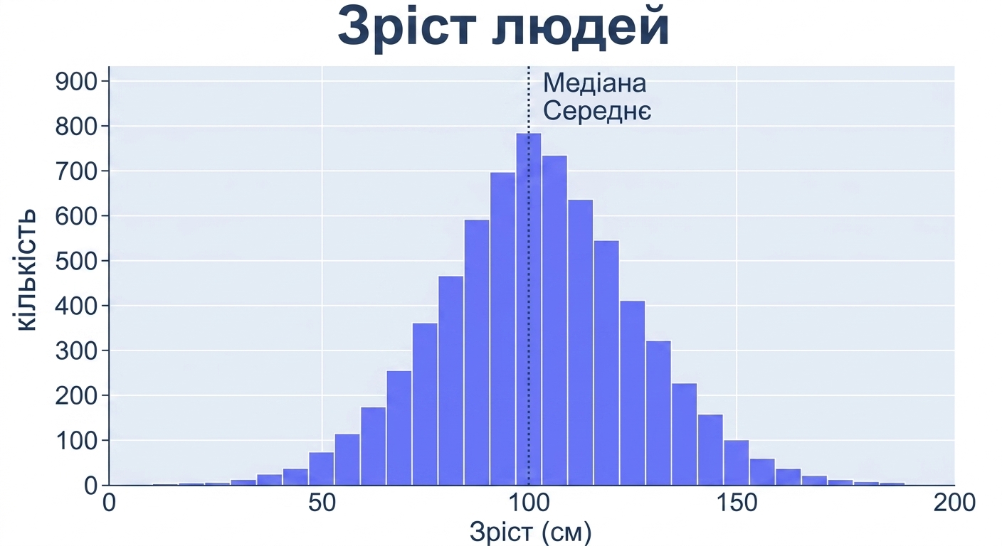 Гістограма зросту людей: по осі x — зріст, по осі y — кількість спостережень.