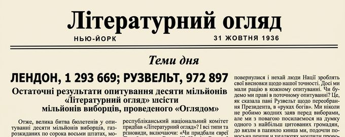 Титульна сторінка The Literary Digest за 1936 рік із заголовком про передвиборчі прогнози. Очікували, що Ландон отримає 1,3 мільйона голосів, а Рузвельт — трохи менше 1 мільйона.