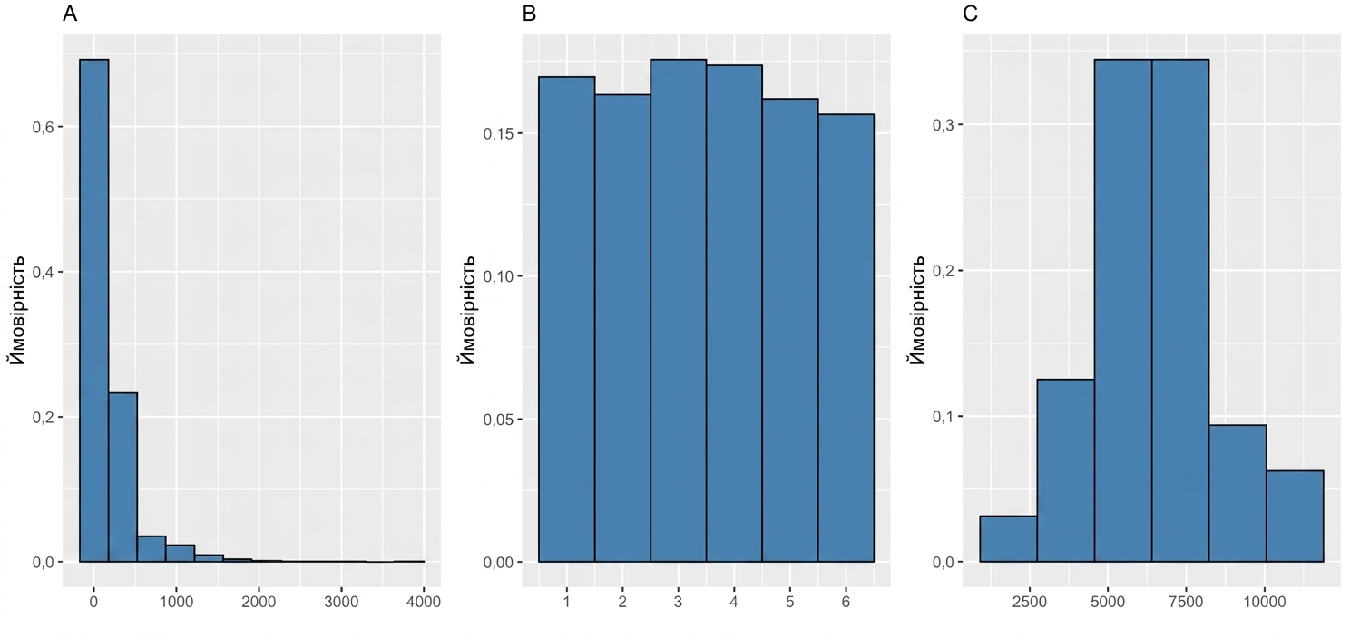 three_plots, first_showing_a_distribution_with_a_large_peak_on_the_left,second_showing_a_uniform_distribution_and_third_showing_a_symmetrical_distribution_peaking_in_the_middle.png