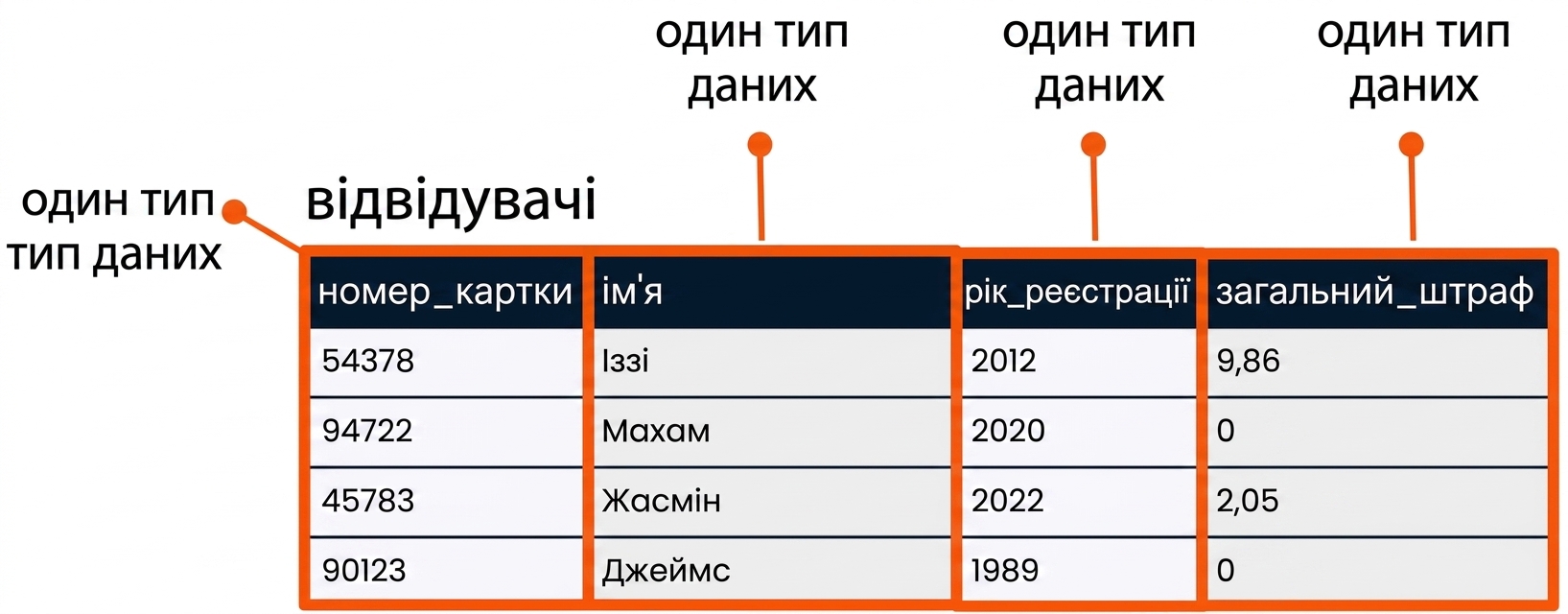 таблиця patrons з підсвіченими полями, кожне з яких має свій тип даних