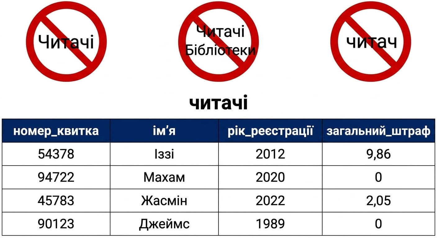 таблиця patrons з некоректними назвами таблиць, закресленими червоним