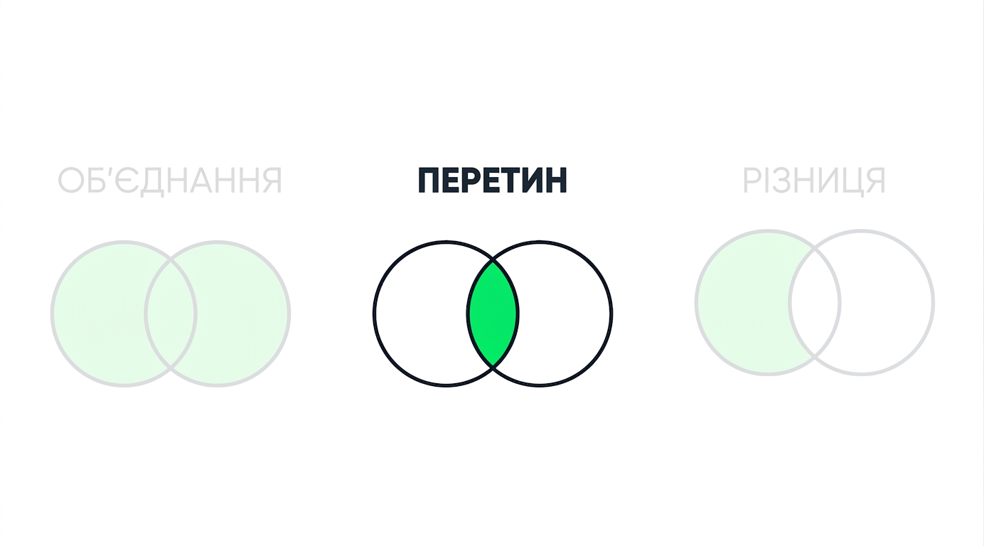 Зображення з трьома діаграмами Венна, дві з яких приглушені. В фокусі лише діаграма з INTERSECT: два кола перекриваються, і лише спільна частина зафарбована зеленим.