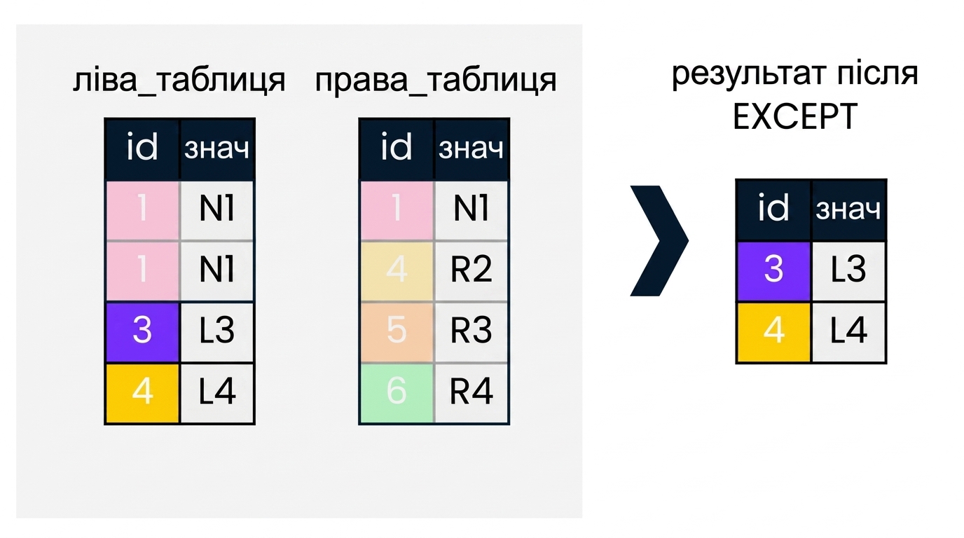 Схема з двома таблицями (ліворуч і праворуч). Праворуч показано результат операції UNION, застосованої до цих таблиць.