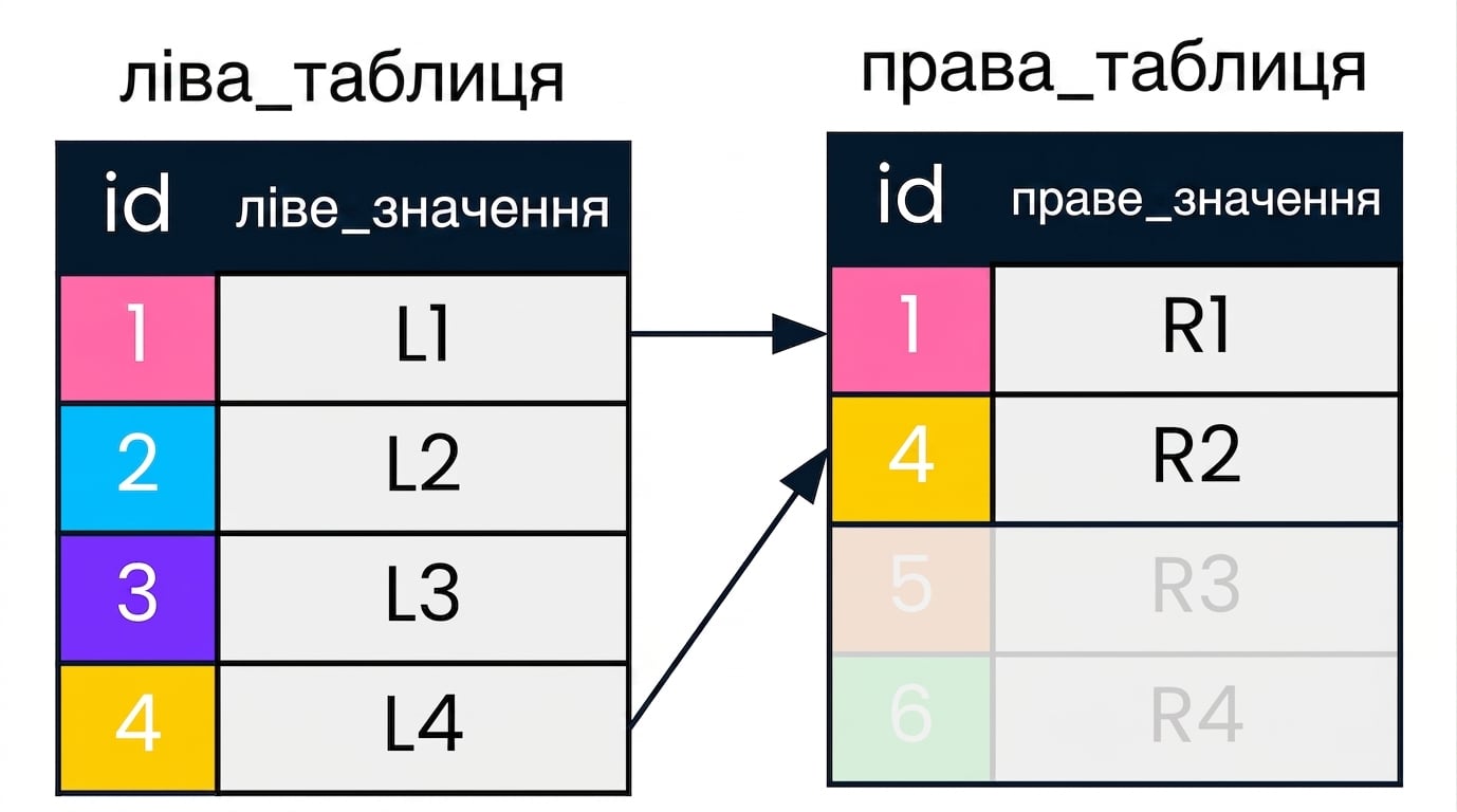 Діаграма з двома таблицями, left table і right table, зі стрілками на записи, що збігаються у стовпці id в обох таблицях. Записи, не потрібні для left join, заштриховано.