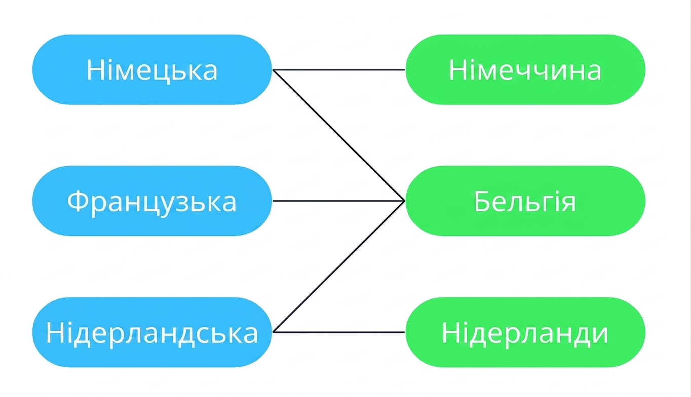 Схема: багато мов можуть бути пов'язані з багатьма країнами, і навпаки. У Бельгії три офіційні мови: французька, німецька та нідерландська. Водночас мови можуть бути офіційними в багатьох країнах: нідерландська є офіційною в Нідерландах і Бельгії, але не в Німеччині.
