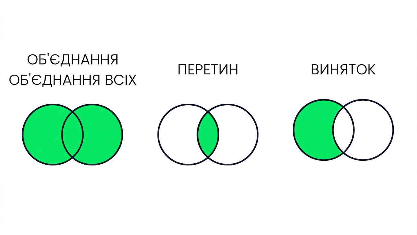 Зображення з трьома діаграмами Венна: UNION, INTERSECT і EXCEPT. У UNION дві кола перекриваються й зафарбовані зеленим повністю. В INTERSECT зеленим позначено лише спільну частину. В EXCEPT зеленим позначено тільки частину лівого кола, що не перетинається з правим.