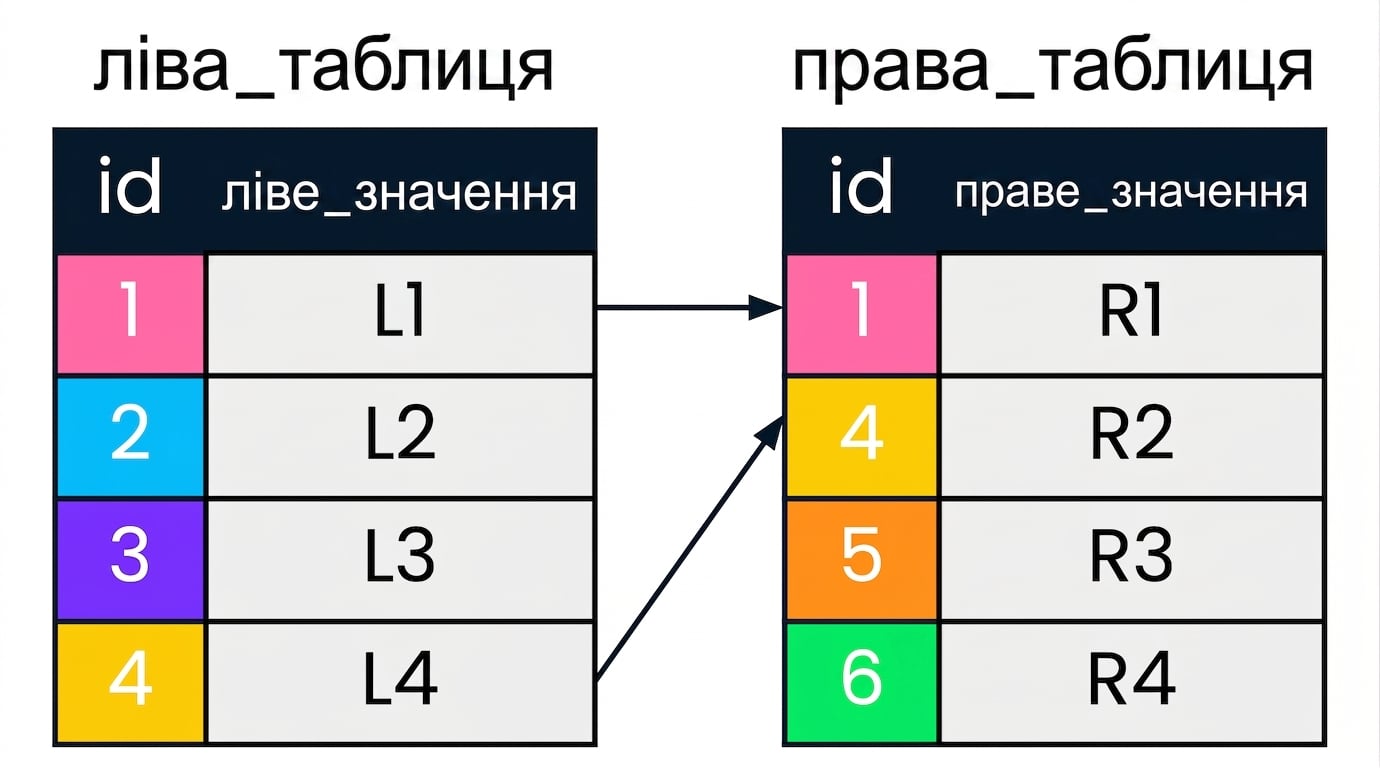 Схема з двома таблицями: left_table і right_table. Однакові значення id у лівій і правій таблицях позначено однаковими кольорами та з'єднано стрілками.