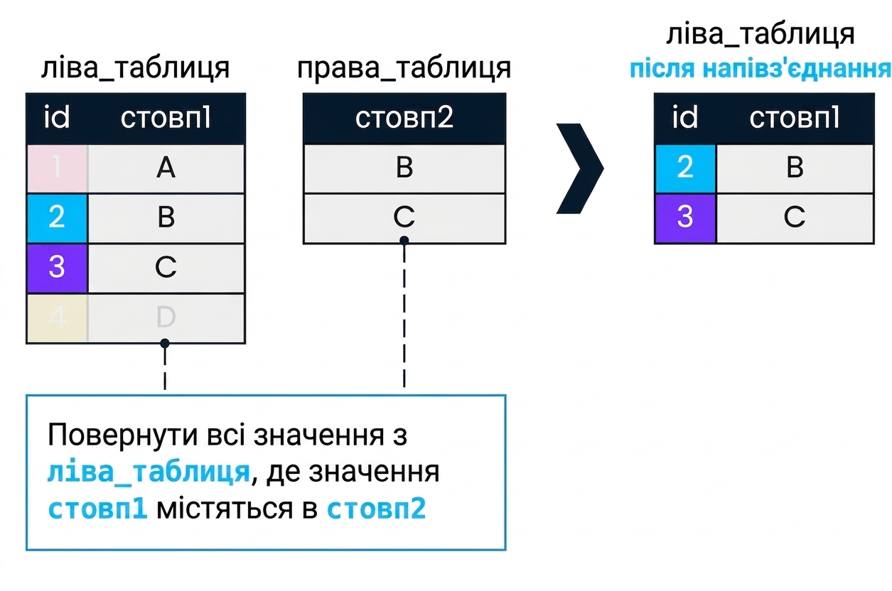Схема з двома таблицями, left_table і right_table. Праворуч показано результат напівзʼєднання: повернено лише рядки left_table, де для col1 знайдено збіг у col2. Це відповідає id 2 і 3.