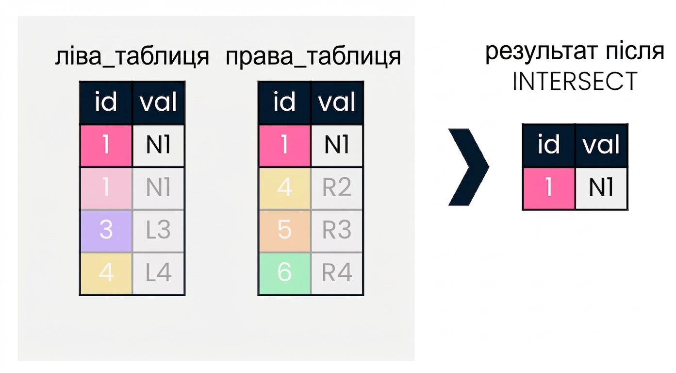 Схема з двома таблицями, лівою та правою. Праворуч показано результат операції INTERSECT над цими таблицями.