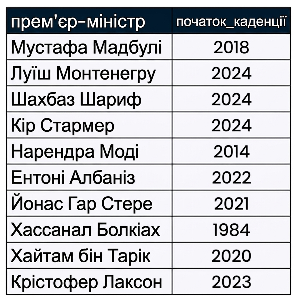 Таблиця prime_minister_terms з двома стовпцями: імʼя prime_minister і рік вступу на посаду.