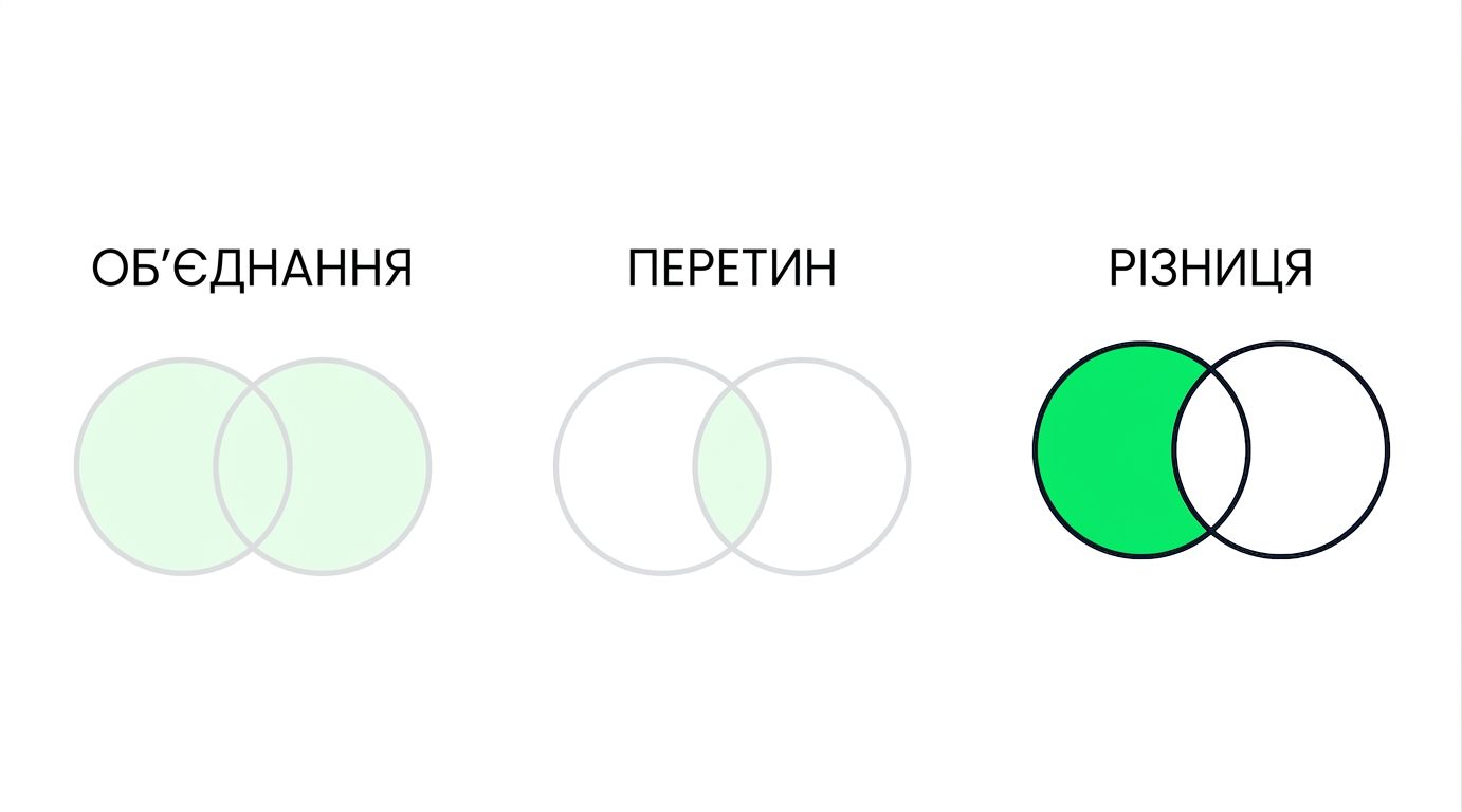 Зображення з трьома діаграмами Венна, дві з них затемнені. У фокусі лише діаграма UNION: два кола перекриваються й повністю зафарбовані зеленим.