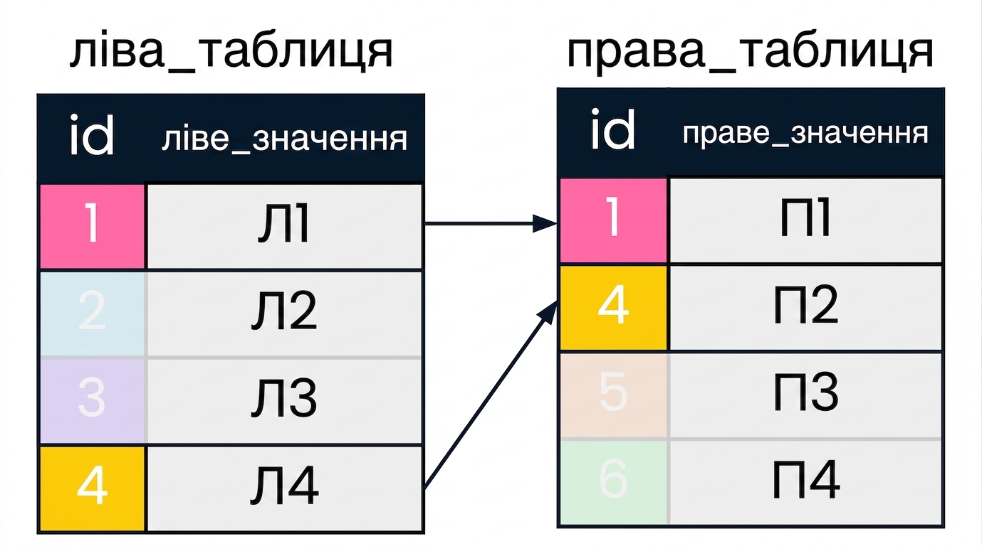 Схема з двома таблицями: left_table і right_table. Однакові значення id у лівій і правій таблицях позначено однаковими кольорами та з'єднано стрілками. Записи, що не цікавлять INNER JOIN, приглушені.