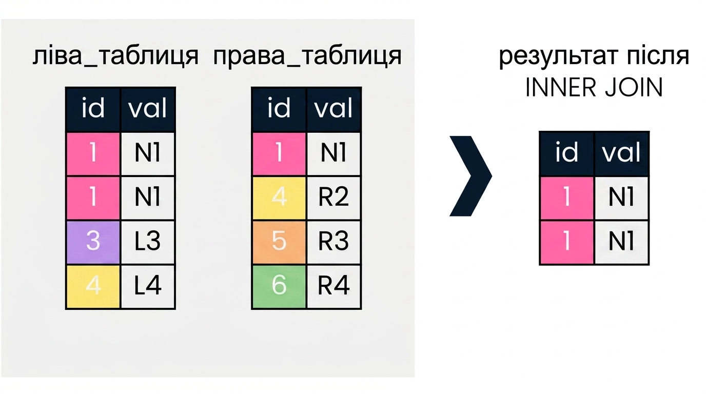 Схема з двома таблицями, лівою та правою. Праворуч показано результат INNER JOIN над цими таблицями.