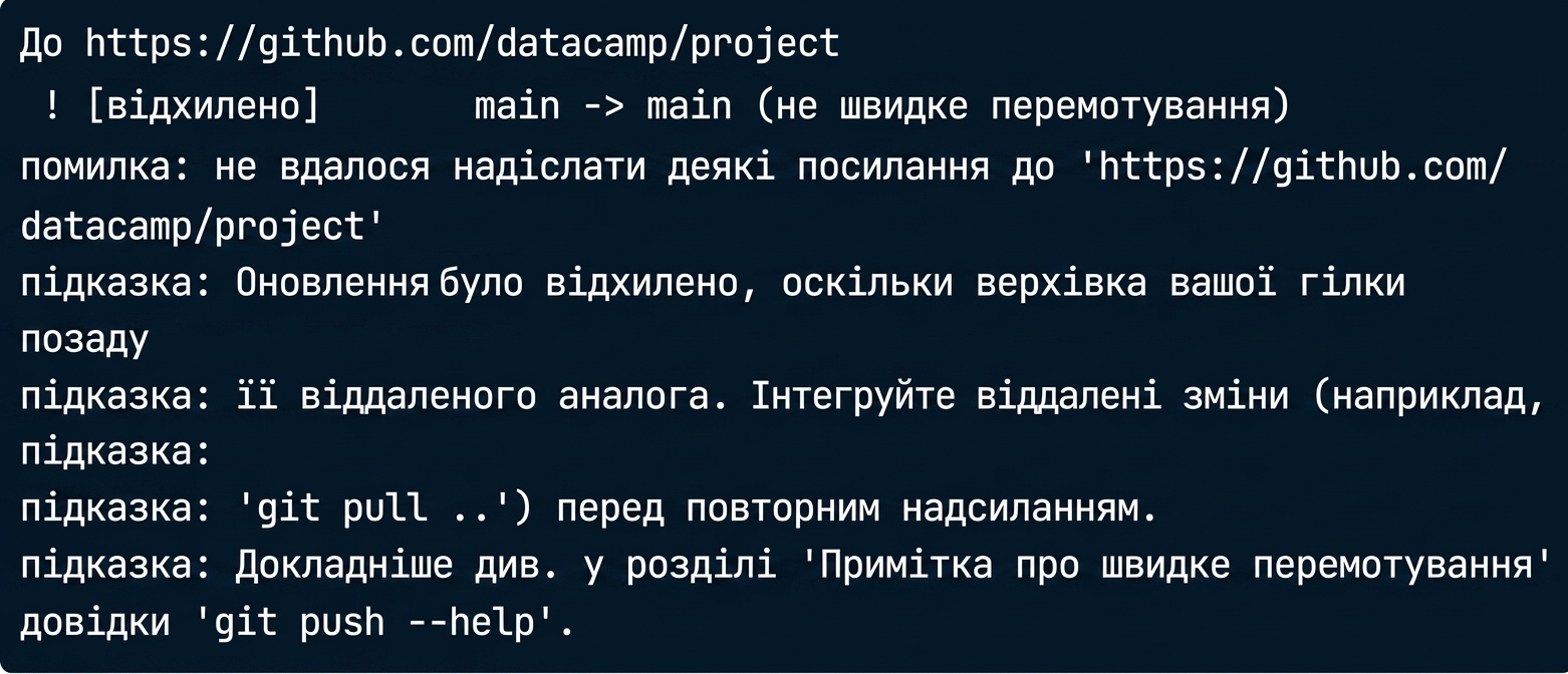 вивід відхилення git push origin main