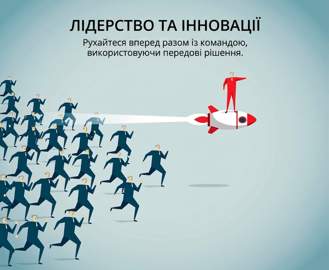 Man on rocket leading crowd of followers