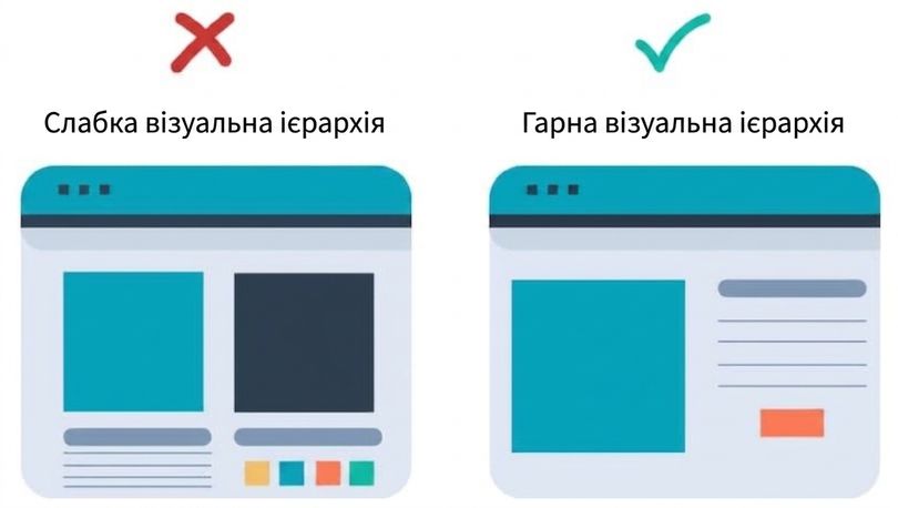 погана візуальна ієрархія: сайт заповнено елементами без пріоритетів; добра — використовує відтінок, розмір і просторові зв'язки для кращого розуміння