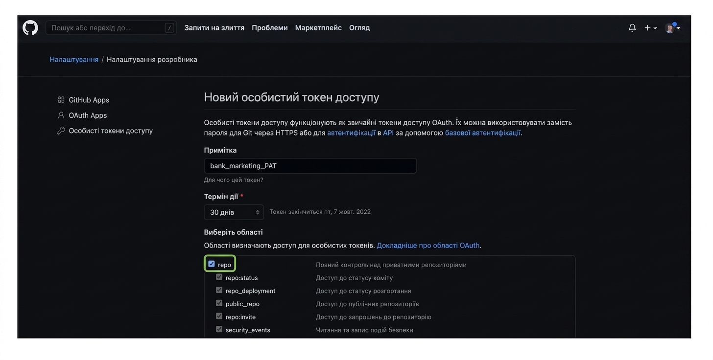 Позначення прапорця доступу до repo