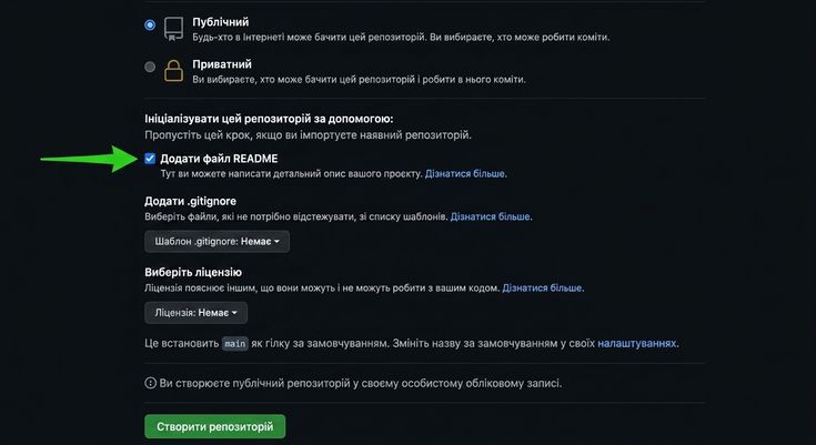 Сторінка створення нового репозиторію на GitHub з обраним і підсвіченим пунктом додати файл README