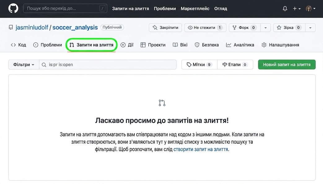 Репозиторій soccer analysis із підсвіченою вкладкою Pull Requests