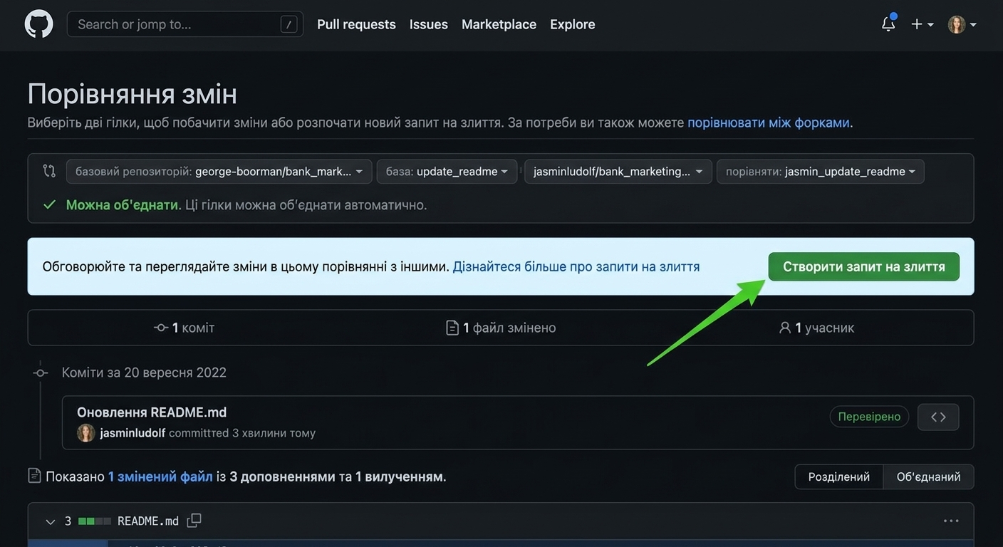 Порівняння змін із підсвіченою кнопкою create pull request