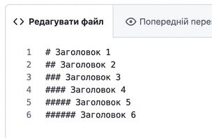 Сторінка редагування markdown із синтаксисом для всіх шести типів заголовків
