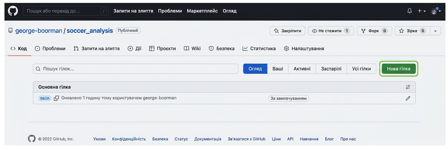 список гілок, показано лише main. Праворуч зелена кнопка створення гілки