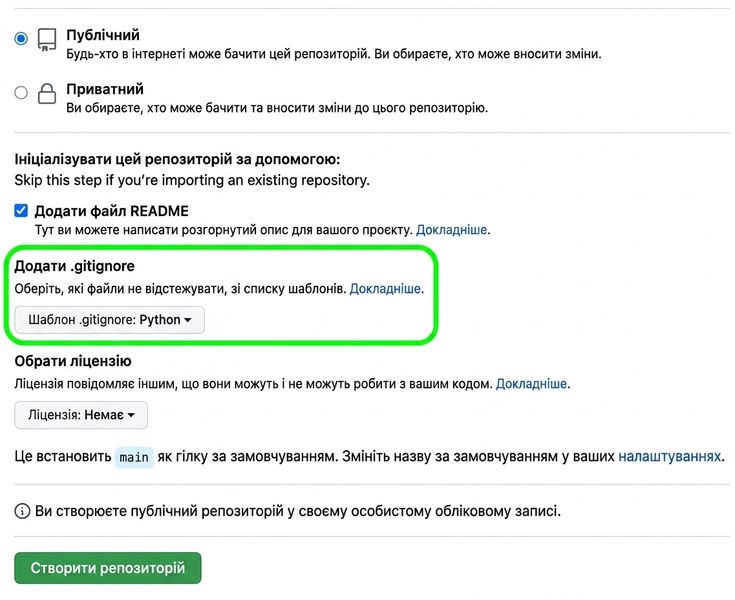 Сторінка створення нового репозиторію на GitHub із підсвіченою опцією .gitignore та вибраним шаблоном Python